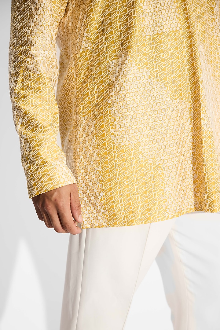 Sundrop Yellow Tissue Satin Embroidered Handcrafted Kurta by SHASHA GABA MEN at Pernia's Pop Up Shop