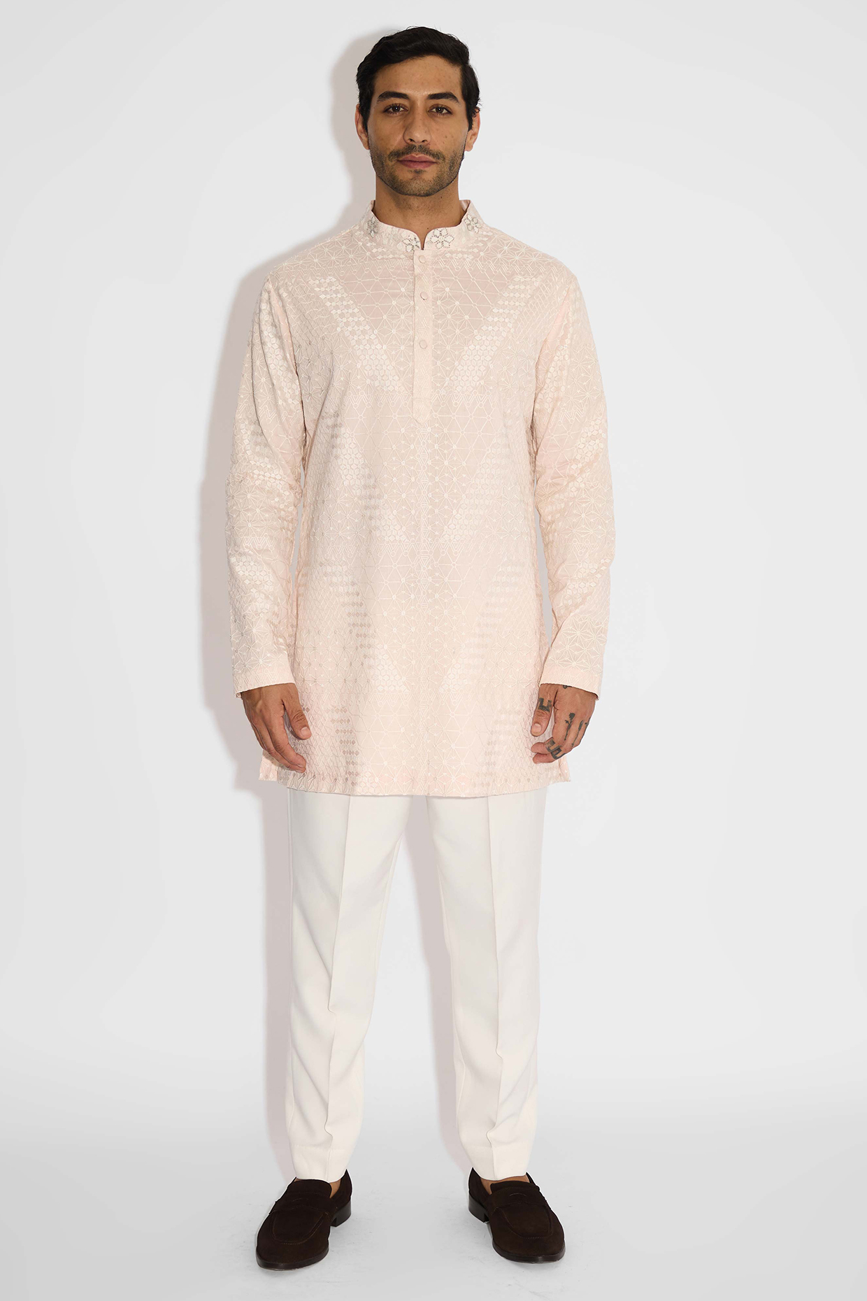 Misty Pink Poly Chanderi Embroidered Handcrafted Kurta by SHASHA GABA MEN