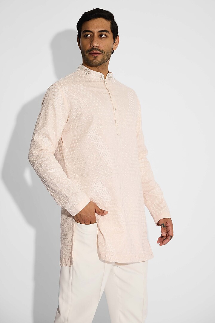 Misty Pink Poly Chanderi Embroidered Handcrafted Kurta by SHASHA GABA MEN at Pernia's Pop Up Shop
