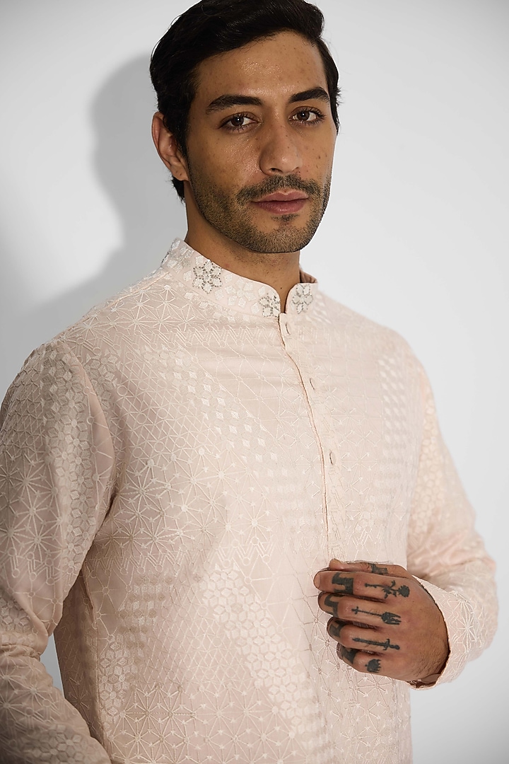 Misty Pink Poly Chanderi Embroidered Handcrafted Kurta by SHASHA GABA MEN at Pernia's Pop Up Shop