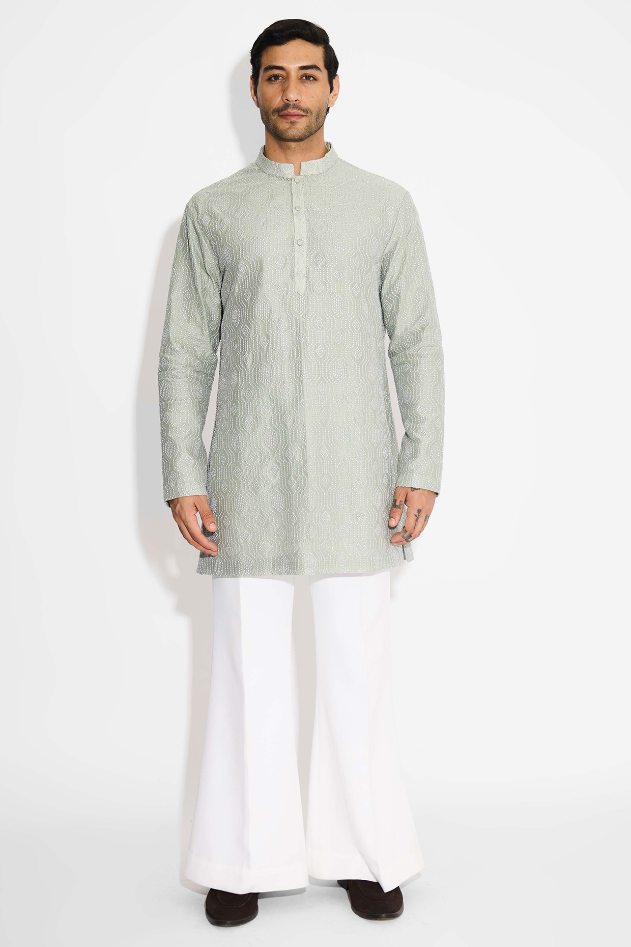 Ash Chanderi Embroidered Handcrafted Short Kurta by SHASHA GABA MEN