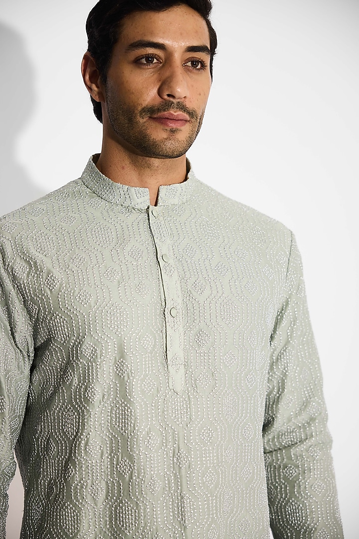 Ash Chanderi Embroidered Handcrafted Short Kurta by SHASHA GABA MEN at Pernia's Pop Up Shop