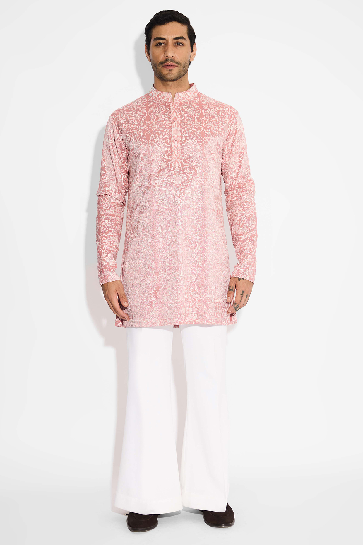 Sorbet Peach Tissue Satin Embellished Handcrafted Kurta by SHASHA GABA MEN