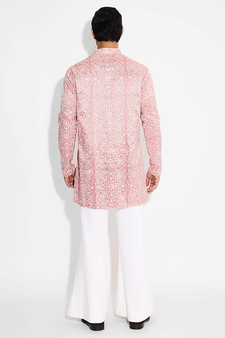 Sorbet Peach Tissue Satin Embellished Handcrafted Kurta by SHASHA GABA MEN at Pernia's Pop Up Shop