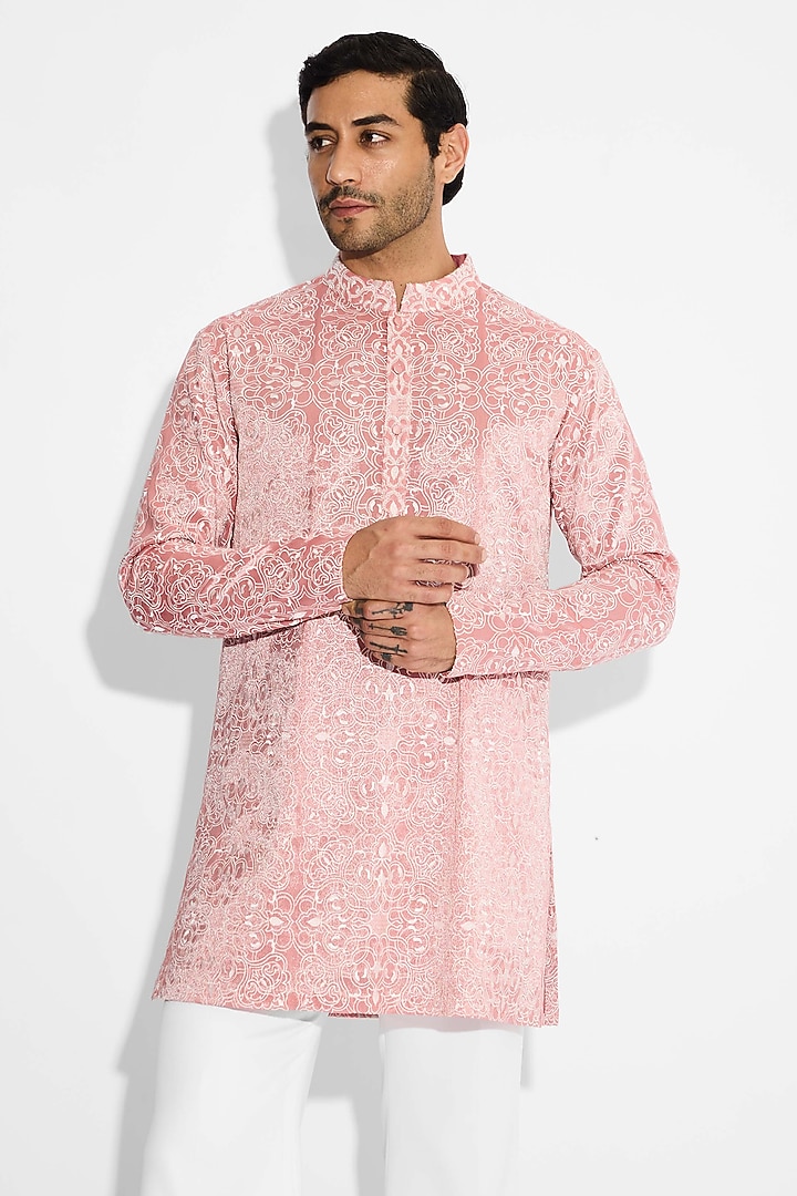 Sorbet Peach Tissue Satin Embellished Handcrafted Kurta by SHASHA GABA MEN at Pernia's Pop Up Shop