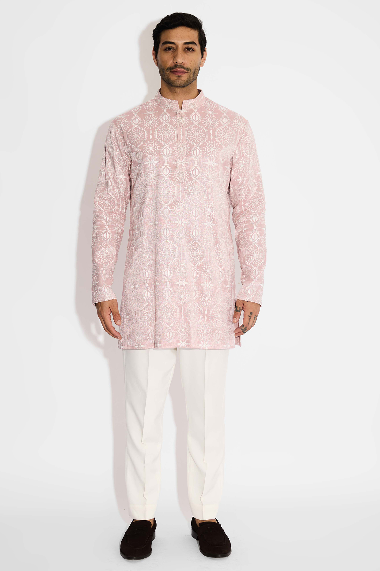 Light Rose Pink Tissue Satin Embroidered Handcrafted Kurta by SHASHA GABA MEN