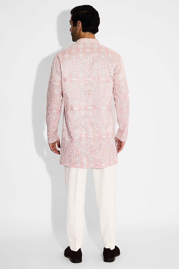 Light Rose Pink Tissue Satin Embroidered Handcrafted Kurta by SHASHA GABA MEN at Pernia's Pop Up Shop