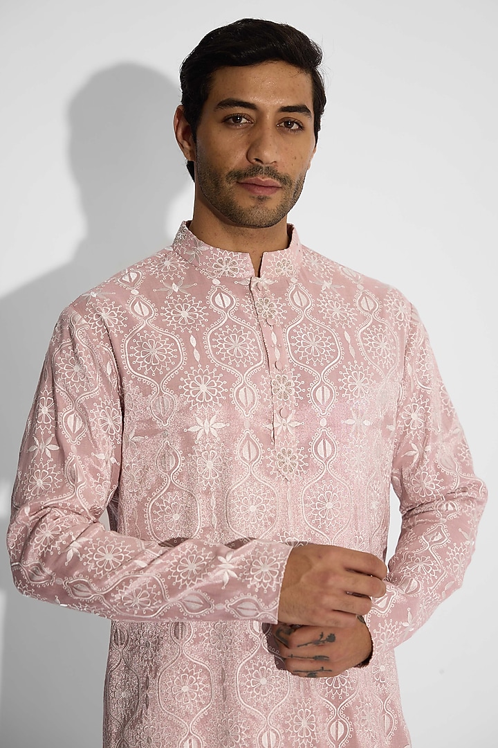 Light Rose Pink Tissue Satin Embroidered Handcrafted Kurta by SHASHA GABA MEN at Pernia's Pop Up Shop
