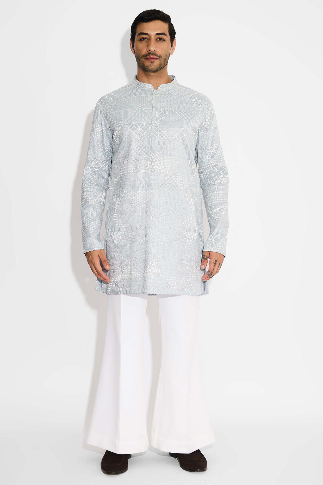 Dove Grey Tissue Satin Embroidered Handcrafted Kurta by SHASHA GABA MEN