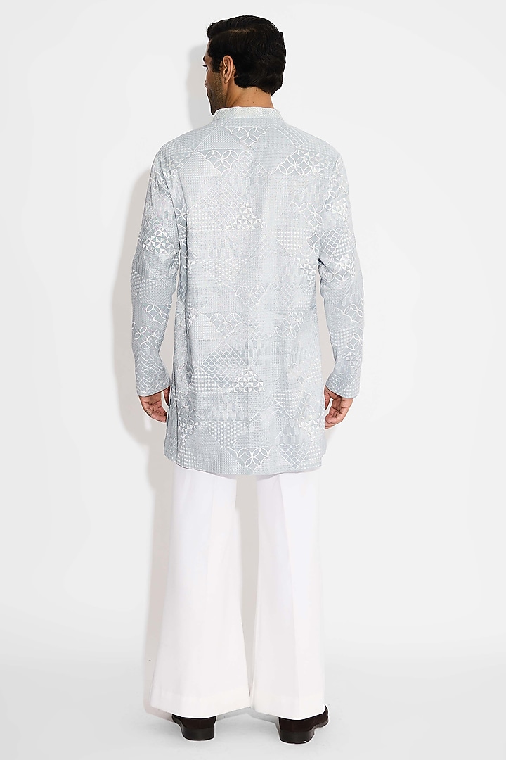 Dove Grey Tissue Satin Embroidered Handcrafted Kurta by SHASHA GABA MEN at Pernia's Pop Up Shop