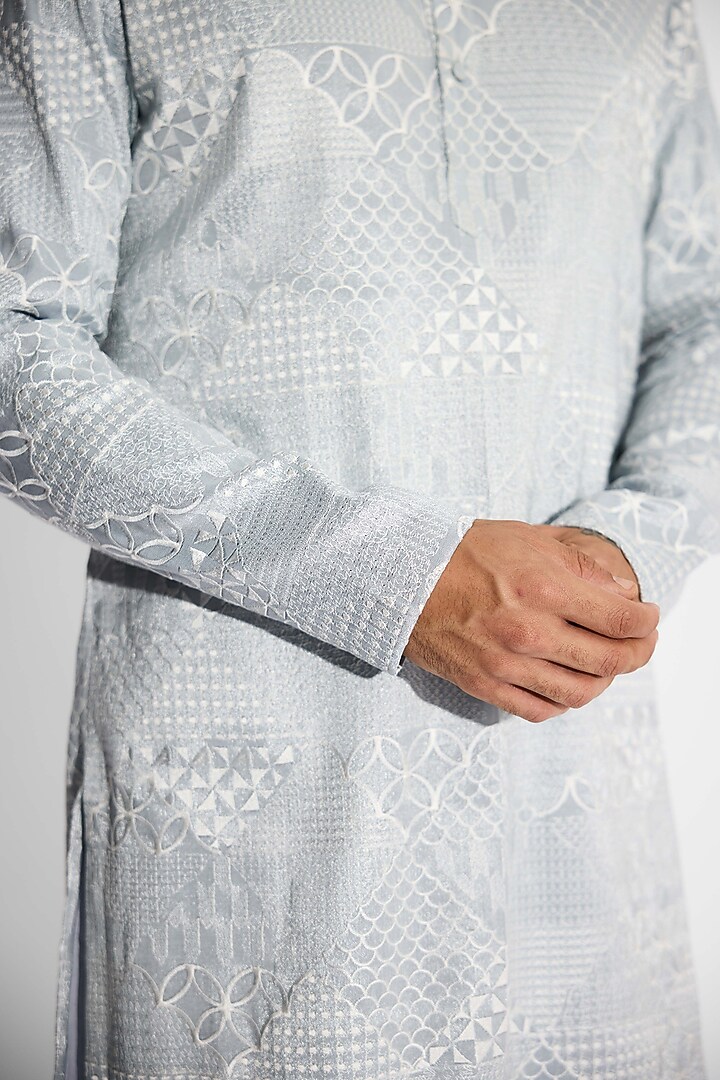 Dove Grey Tissue Satin Embroidered Handcrafted Kurta by SHASHA GABA MEN at Pernia's Pop Up Shop