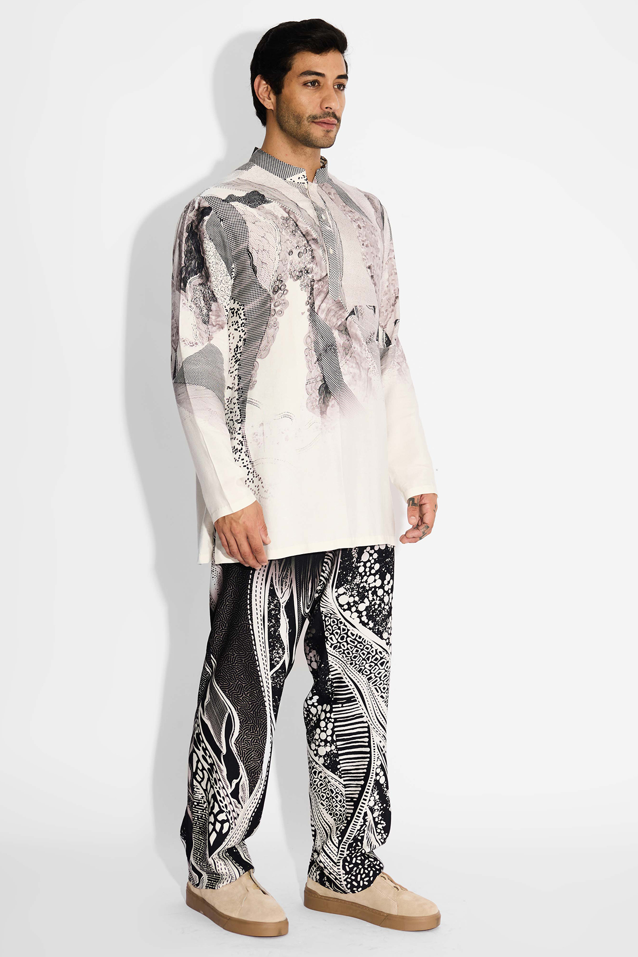 Black Tussar Printed Handcrafted Straight-Fit Pants by SHASHA GABA MEN