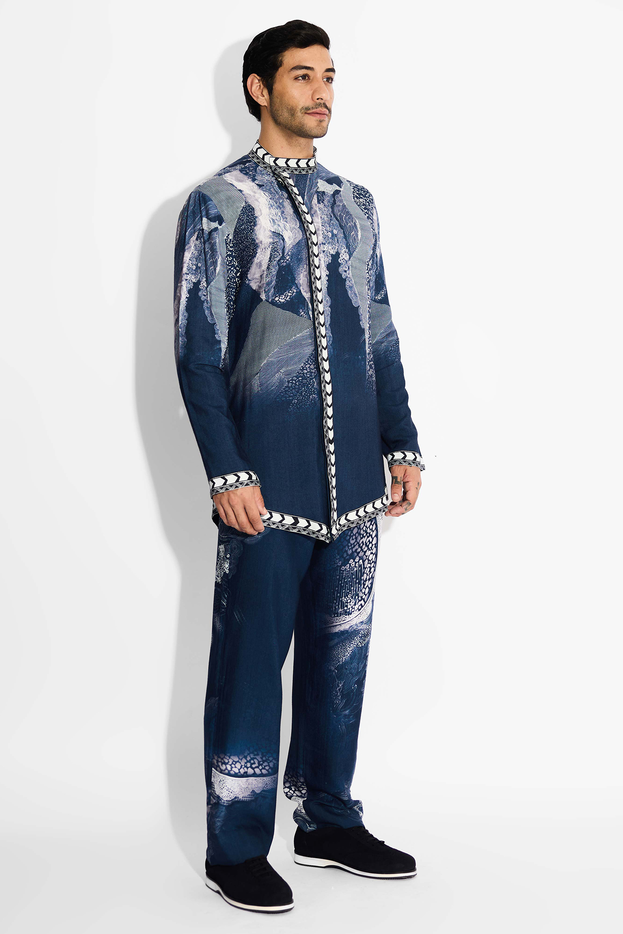 Obsidian Blue Tussar Printed Handcrafted Straight-Fit Pants by SHASHA GABA MEN