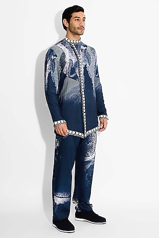 Obsidian Blue Tussar Printed Handcrafted Straight-Fit Pants by SHASHA GABA MEN