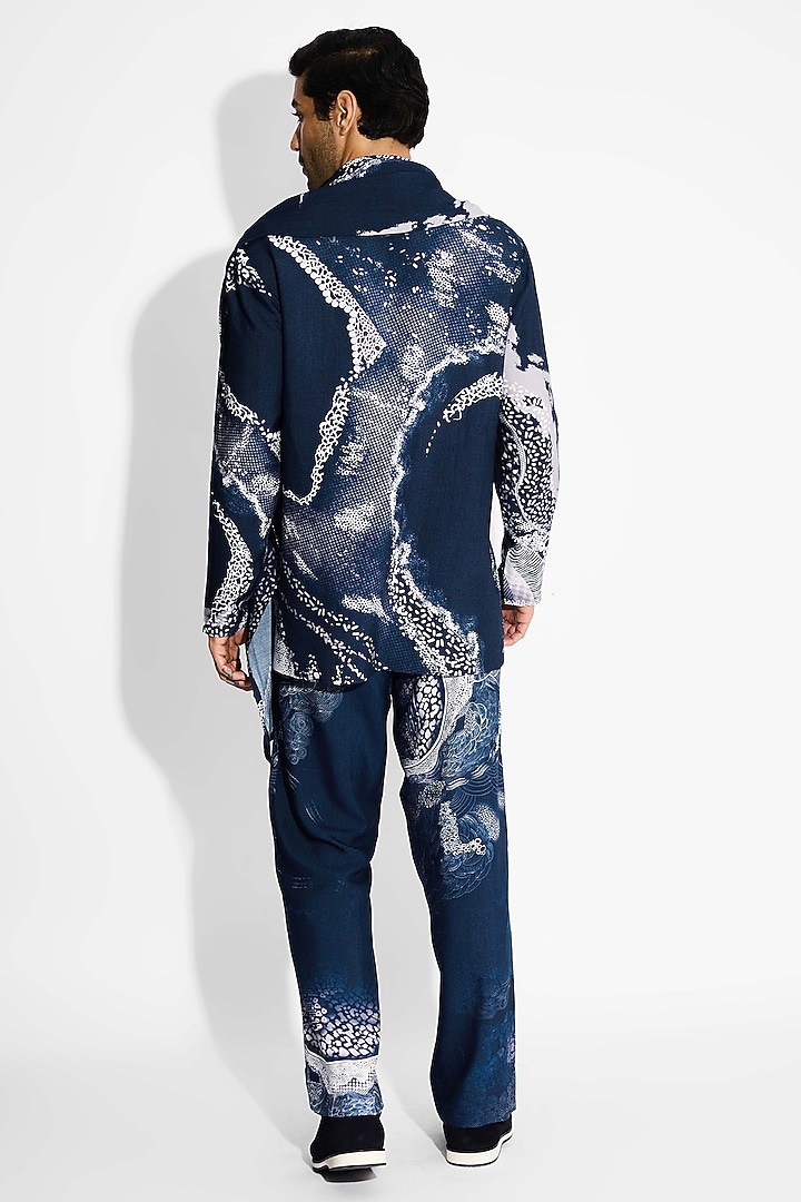 Obsidian Blue Tussar Printed Handcrafted Straight-Fit Pants by SHASHA GABA MEN at Pernia's Pop Up Shop
