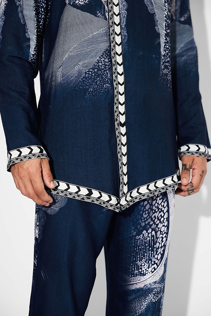 Obsidian Blue Tussar Printed Handcrafted Straight-Fit Pants by SHASHA GABA MEN at Pernia's Pop Up Shop