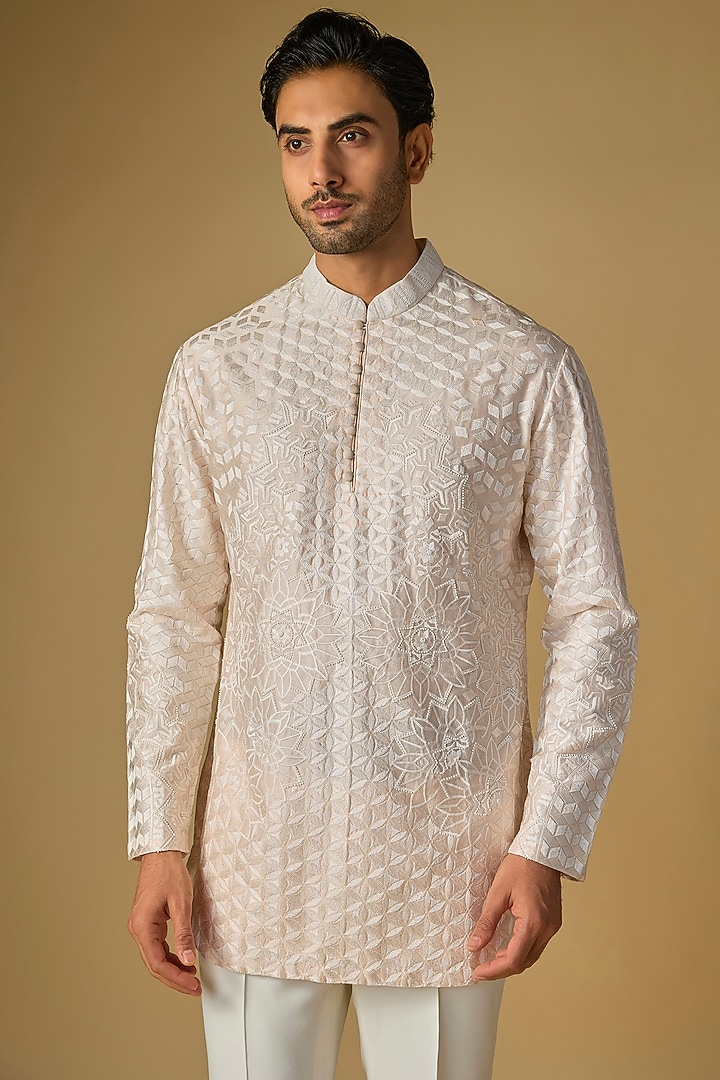 Rose Silk Chanderi Bead Hand Embellished Kurta by SHASHA GABA MEN at Pernia's Pop Up Shop