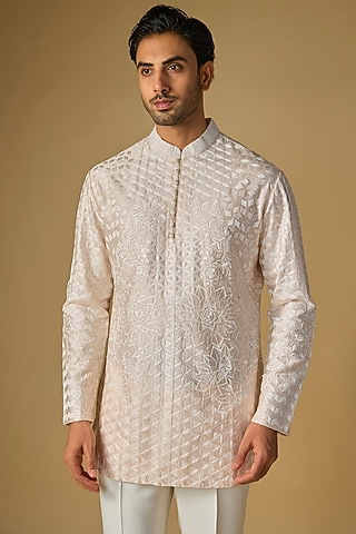 Rose Silk Chanderi Bead Hand Embellished Kurta by SHASHA GABA MEN