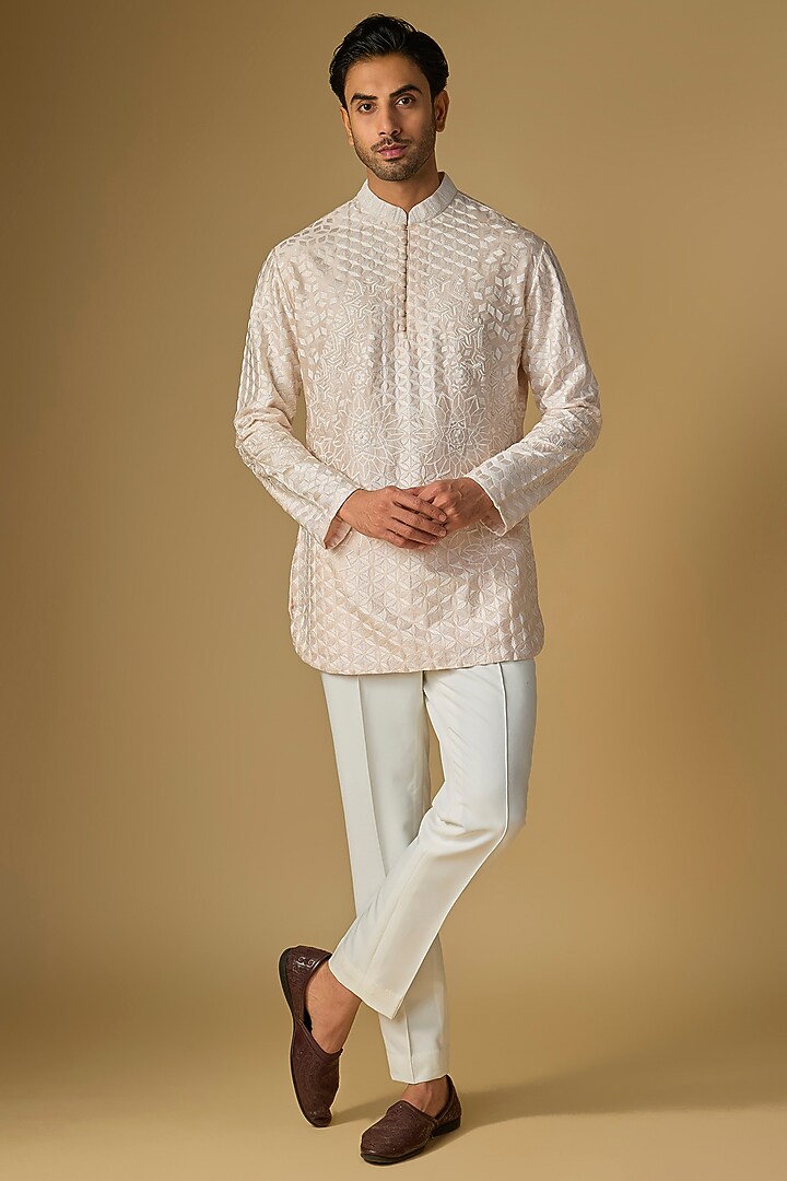 Rose Silk Chanderi Bead Hand Embellished Kurta by SHASHA GABA MEN at Pernia's Pop Up Shop