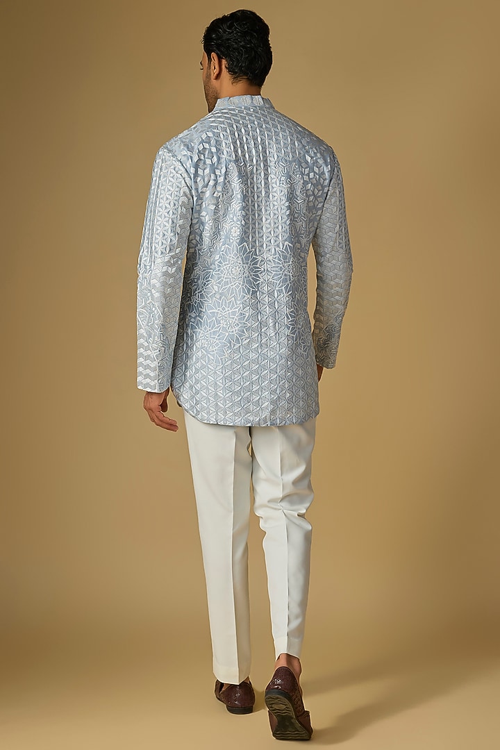 Sky Blue Silk Chanderi Bead Hand Embellished Kurta by SHASHA GABA MEN at Pernia's Pop Up Shop