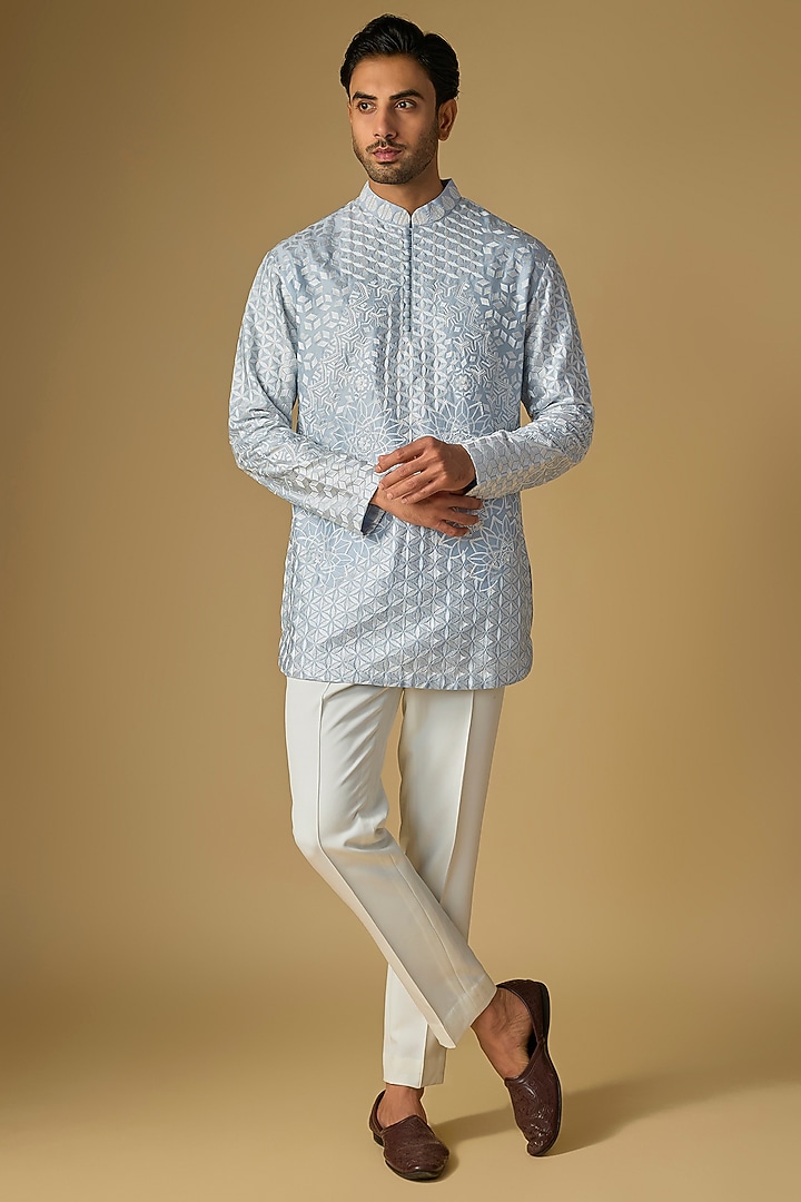 Sky Blue Silk Chanderi Bead Hand Embellished Kurta by SHASHA GABA MEN at Pernia's Pop Up Shop