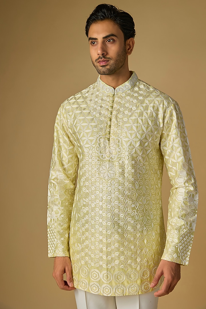 Yellow Silk Chanderi Bead Hand Embellished Kurta by SHASHA GABA MEN at Pernia's Pop Up Shop