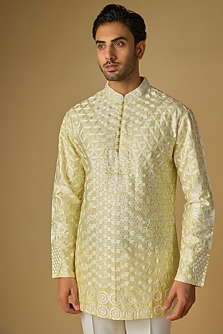 Yellow Silk Chanderi Bead Hand Embellished Kurta by SHASHA GABA MEN