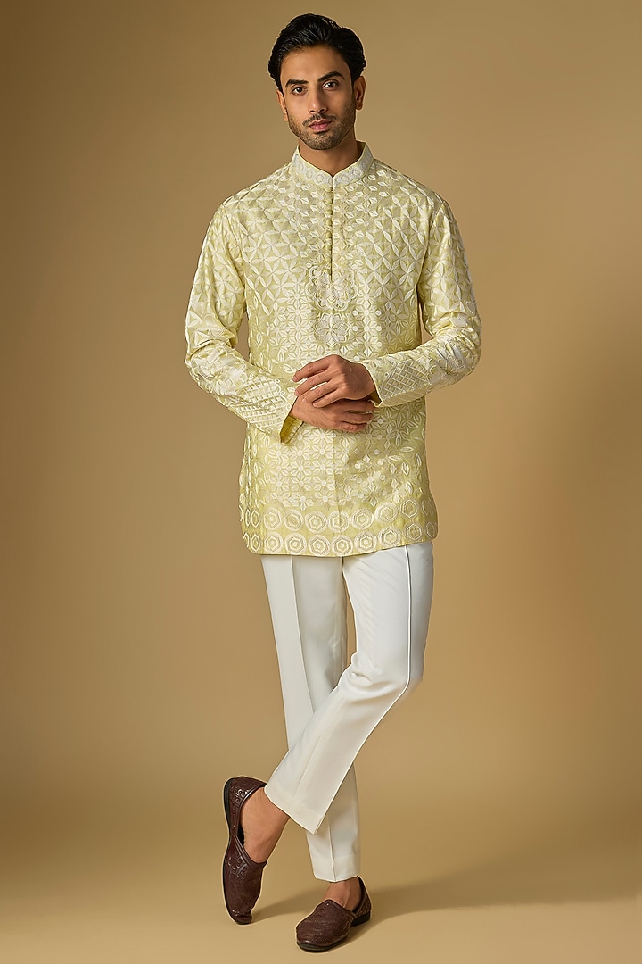 Yellow Silk Chanderi Bead Hand Embellished Kurta by SHASHA GABA MEN at Pernia's Pop Up Shop