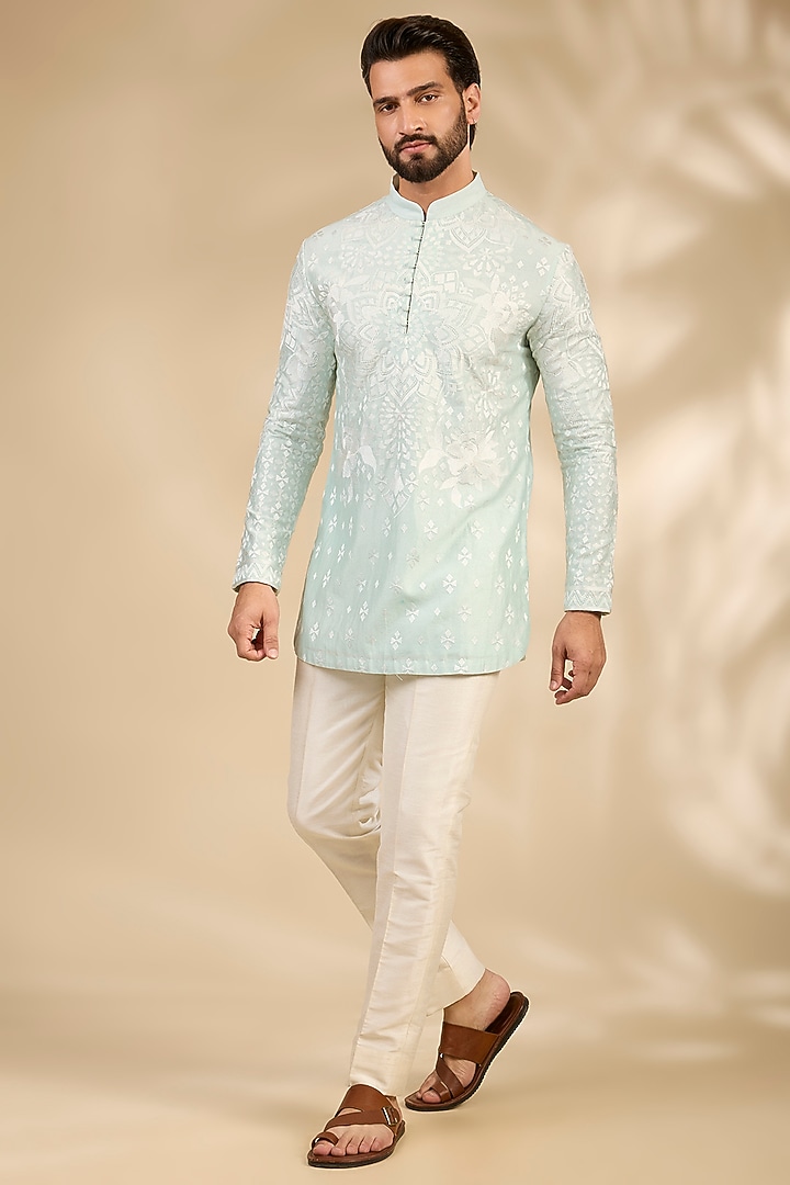 Aqua Silk Chanderi Hand Embellished Kurta by SHASHA GABA MEN at Pernia's Pop Up Shop