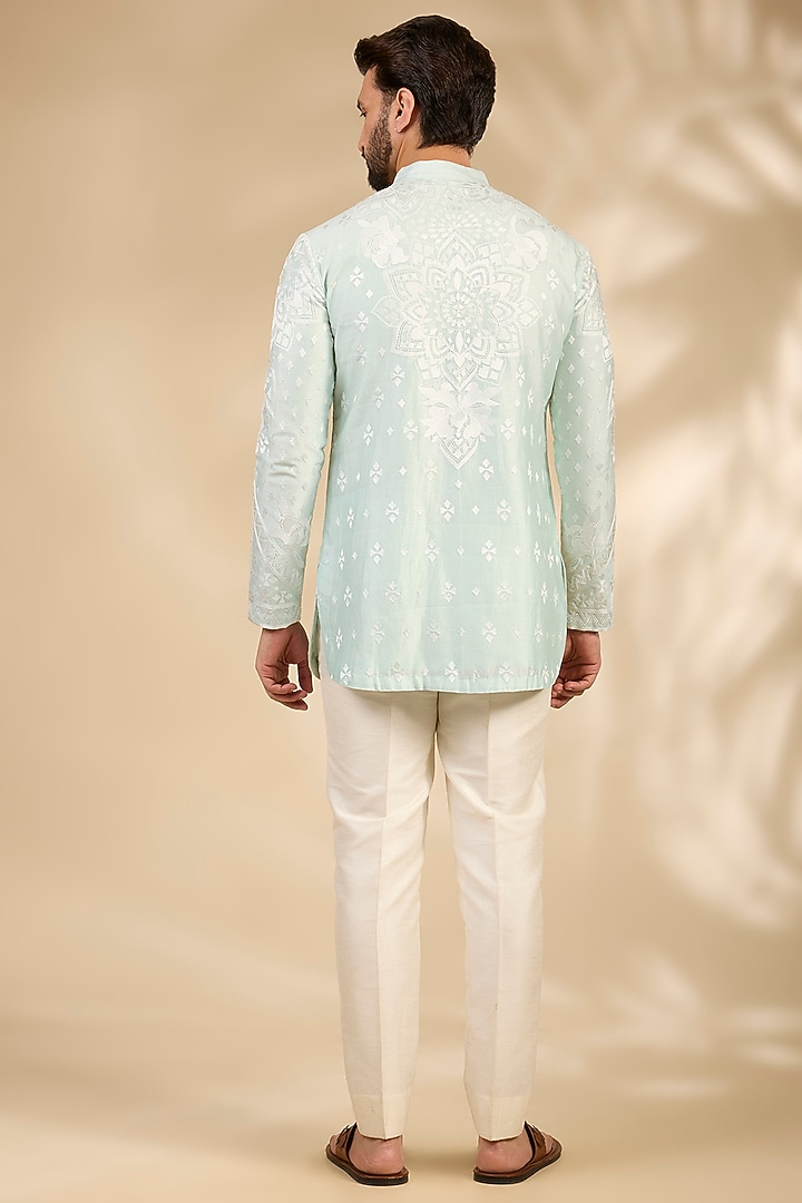 Aqua Silk Chanderi Hand Embellished Kurta by SHASHA GABA MEN at Pernia's Pop Up Shop