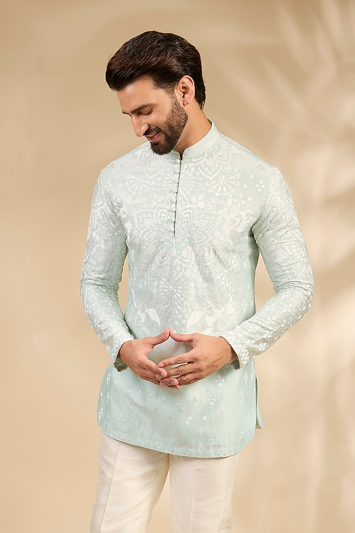 Aqua Silk Chanderi Hand Embellished Kurta by SHASHA GABA MEN at Pernia's Pop Up Shop