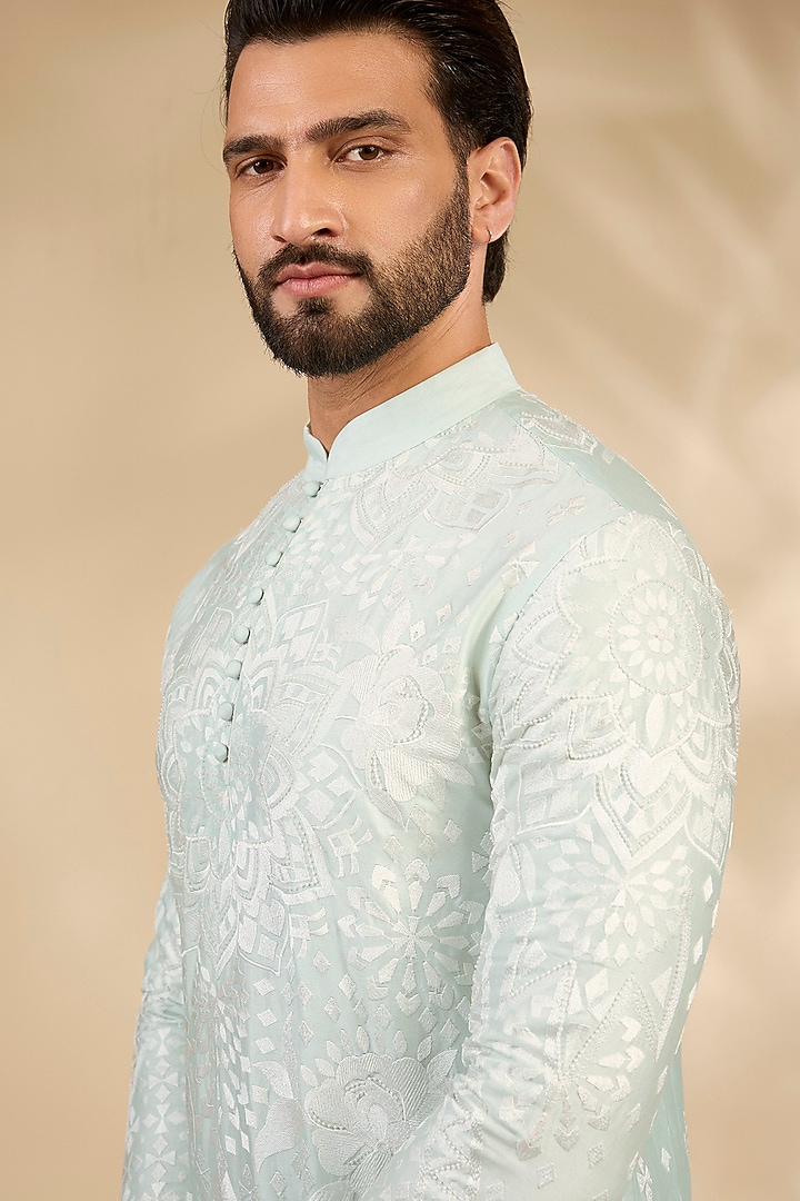 Aqua Silk Chanderi Hand Embellished Kurta by SHASHA GABA MEN at Pernia's Pop Up Shop