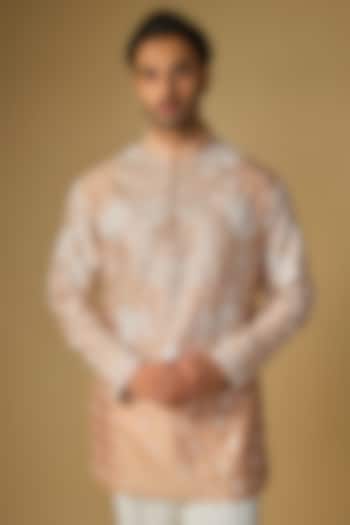Beige Silk Chanderi Bead Hand Embellished Kurta by SHASHA GABA MEN at Pernia's Pop Up Shop