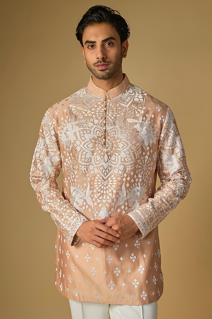 Beige Silk Chanderi Bead Hand Embellished Kurta by SHASHA GABA MEN at Pernia's Pop Up Shop