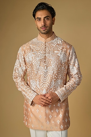 Beige Silk Chanderi Bead Hand Embellished Kurta by SHASHA GABA MEN