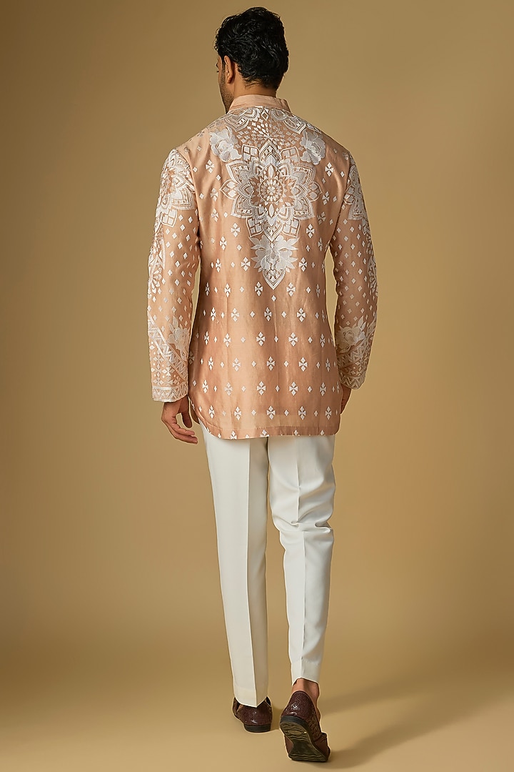 Beige Silk Chanderi Bead Hand Embellished Kurta by SHASHA GABA MEN at Pernia's Pop Up Shop
