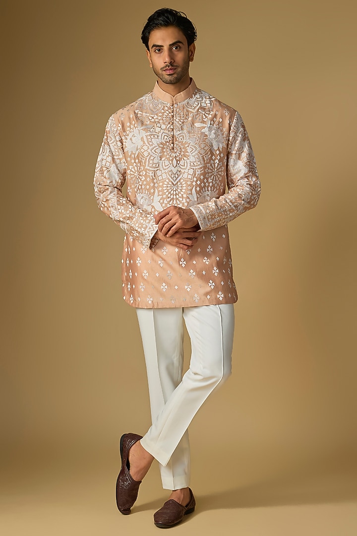 Beige Silk Chanderi Bead Hand Embellished Kurta by SHASHA GABA MEN at Pernia's Pop Up Shop