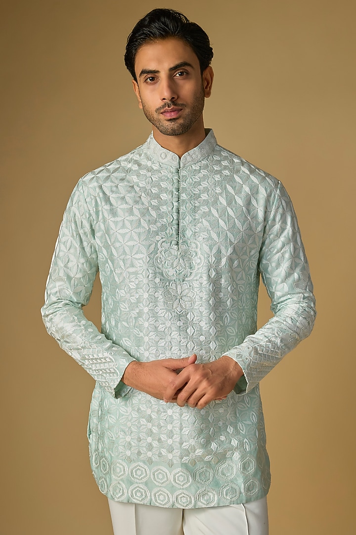 Aqua Silk Chanderi Bead Hand Embellished Kurta by SHASHA GABA MEN at Pernia's Pop Up Shop