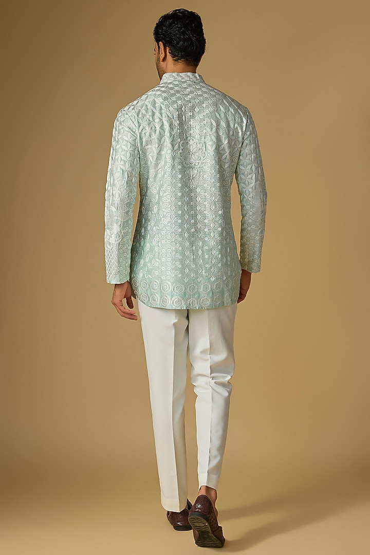 Aqua Silk Chanderi Bead Hand Embellished Kurta by SHASHA GABA MEN at Pernia's Pop Up Shop