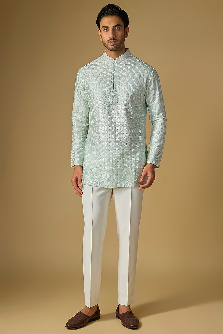 Aqua Silk Chanderi Bead Hand Embellished Kurta by SHASHA GABA MEN at Pernia's Pop Up Shop