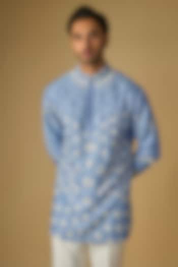 Blue Silk Chanderi Bead Hand Embellished Kurta by SHASHA GABA MEN at Pernia's Pop Up Shop