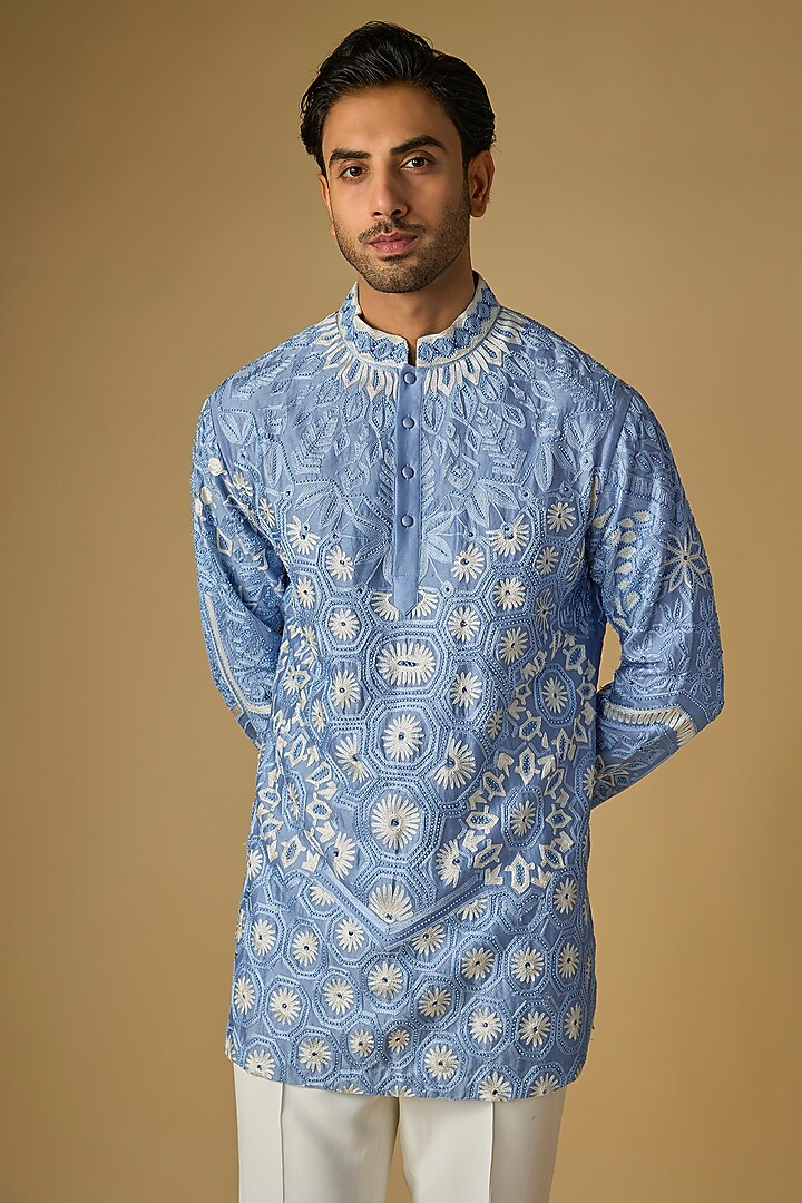 Blue Silk Chanderi Bead Hand Embellished Kurta by SHASHA GABA MEN at Pernia's Pop Up Shop