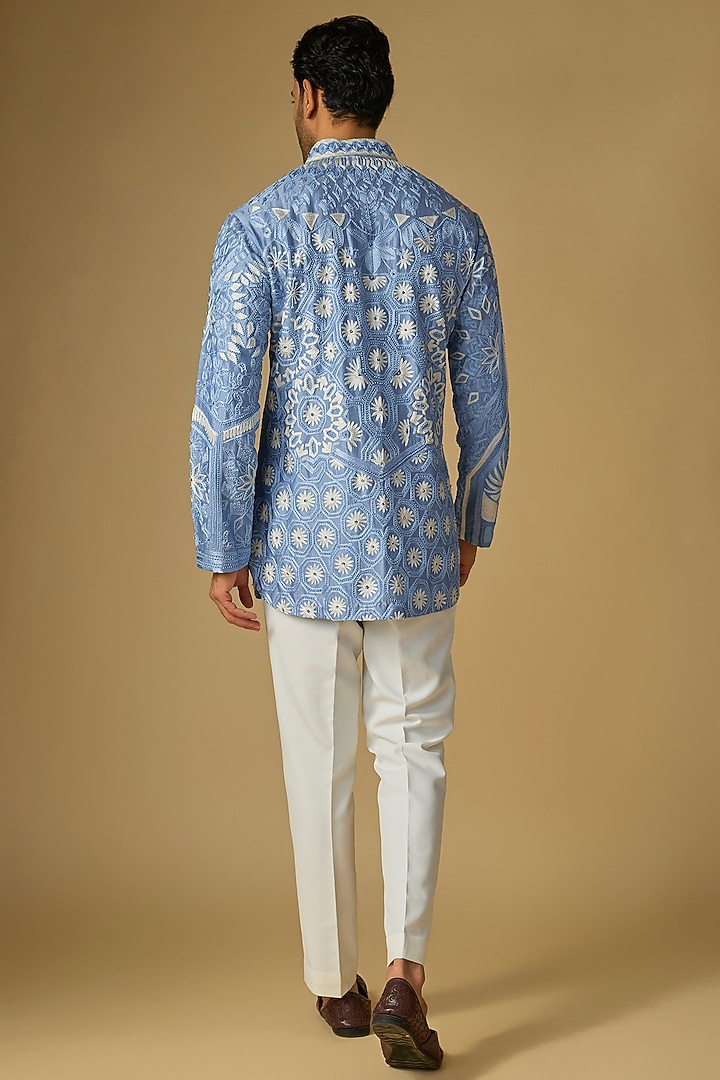 Blue Silk Chanderi Bead Hand Embellished Kurta by SHASHA GABA MEN at Pernia's Pop Up Shop