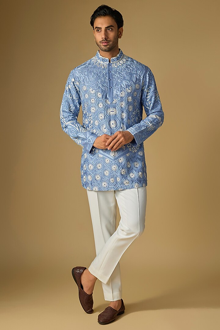 Blue Silk Chanderi Bead Hand Embellished Kurta by SHASHA GABA MEN at Pernia's Pop Up Shop
