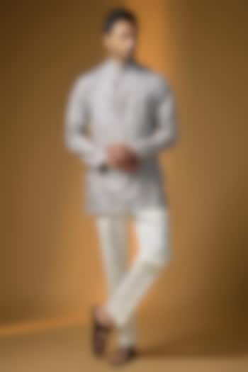 Silver Grey Silk Chanderi Embellished Kurta by SHASHA GABA MEN at Pernia's Pop Up Shop
