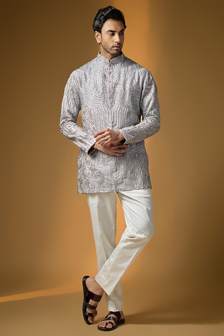 Silver Grey Silk Chanderi Embellished Kurta by SHASHA GABA MEN at Pernia's Pop Up Shop