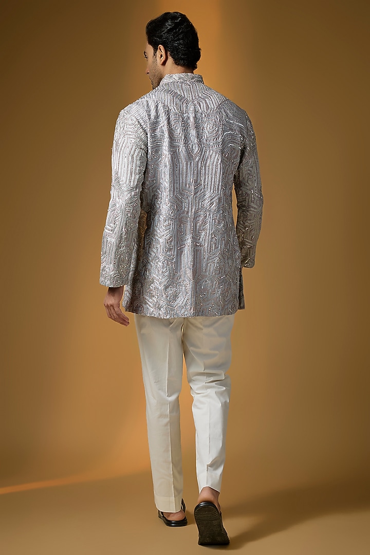Silver Grey Silk Chanderi Embellished Kurta by SHASHA GABA MEN at Pernia's Pop Up Shop