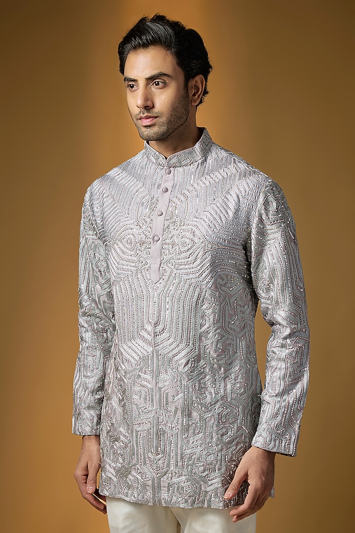 Silver Grey Silk Chanderi Embellished Kurta by SHASHA GABA MEN at Pernia's Pop Up Shop