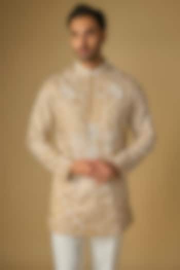 Gold Silk Chanderi Bead Hand Embellished Kurta by SHASHA GABA MEN at Pernia's Pop Up Shop