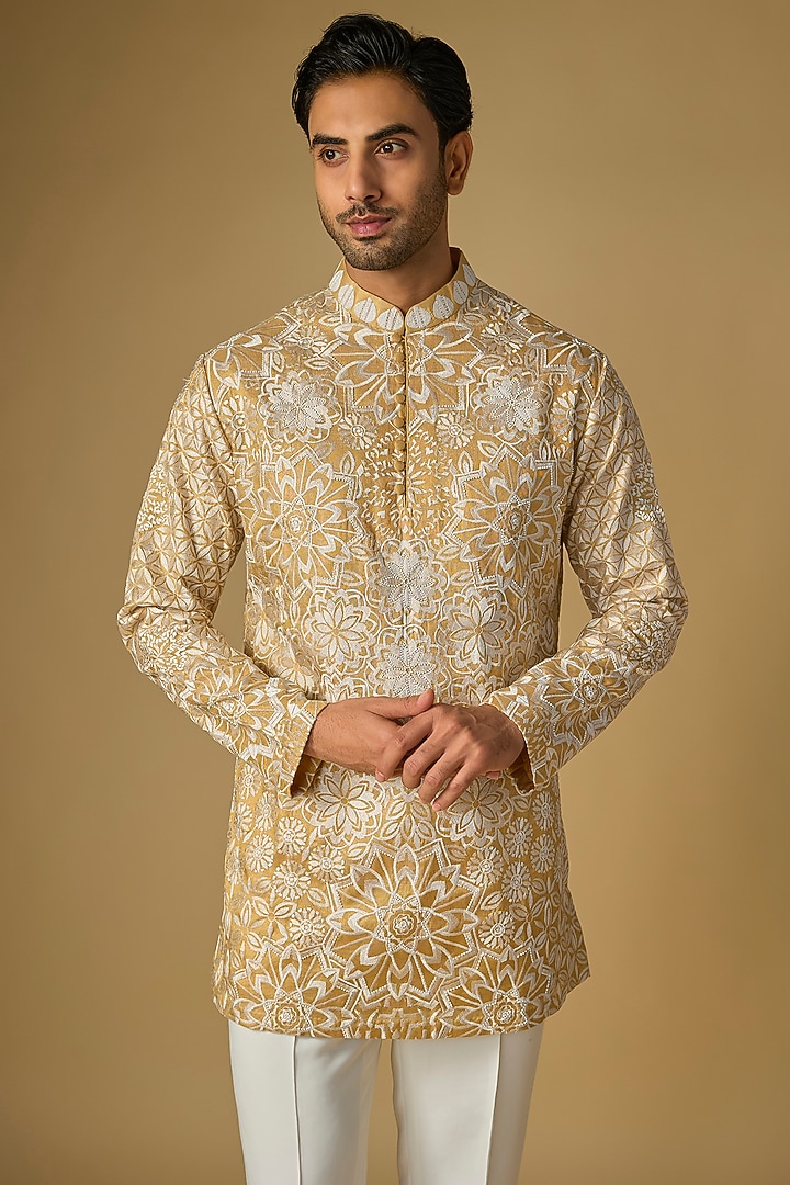 Gold Silk Chanderi Bead Hand Embellished Kurta by SHASHA GABA MEN at Pernia's Pop Up Shop